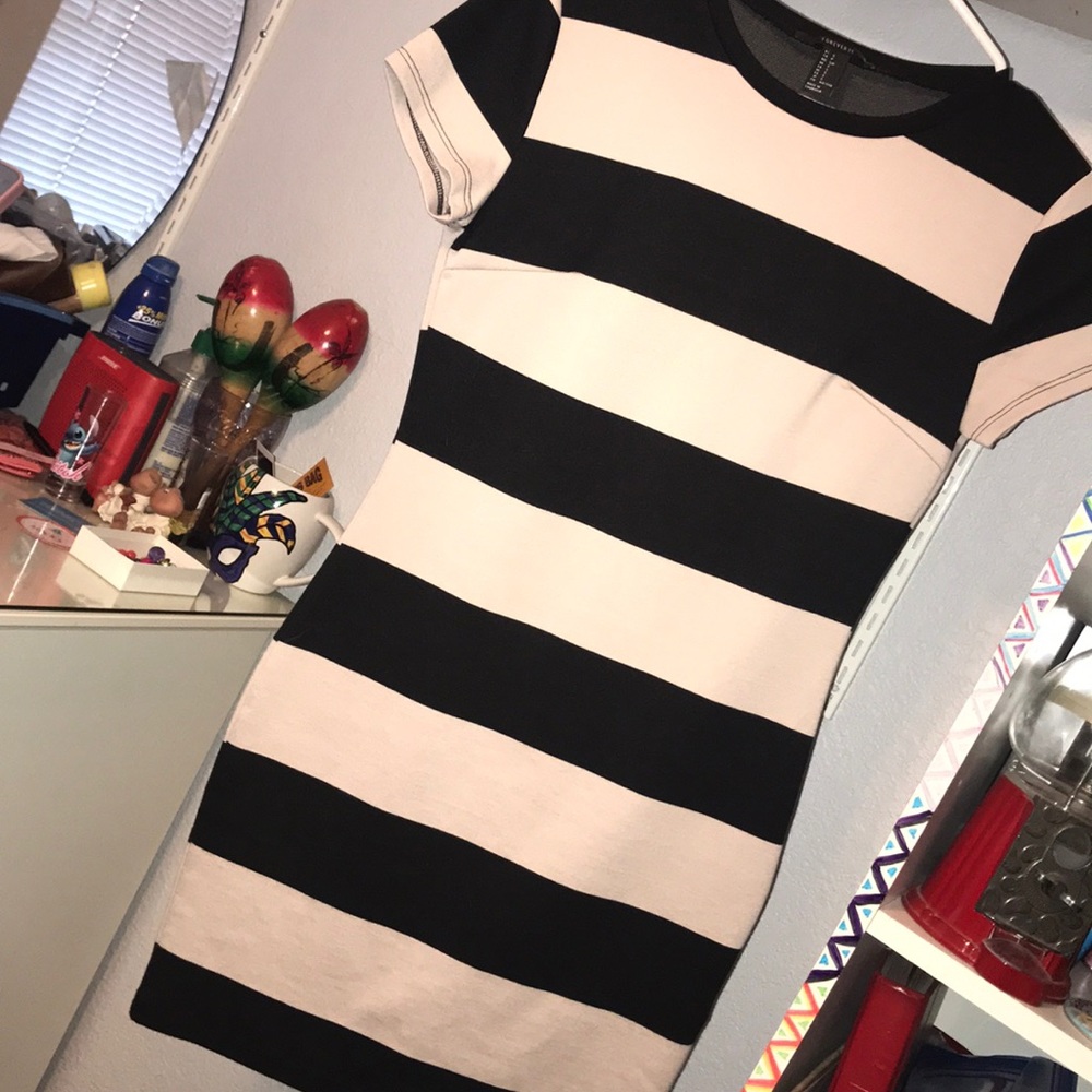 Black and mauve striped body con dress
